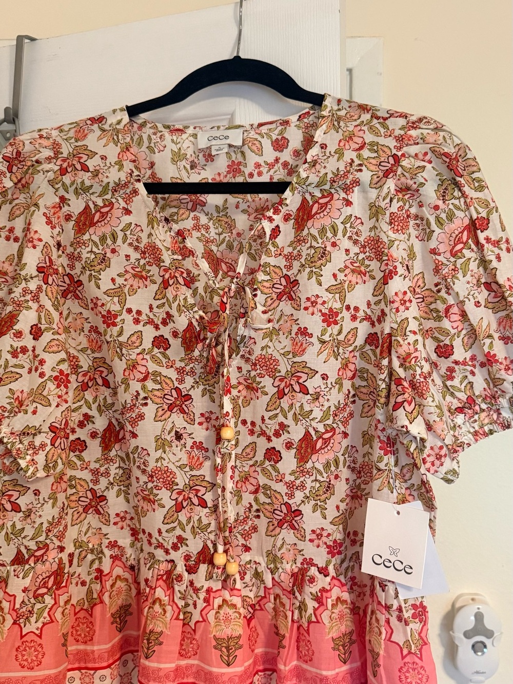 CeCe Cream Pink Floral Tie-Front Boho Peasant Top
